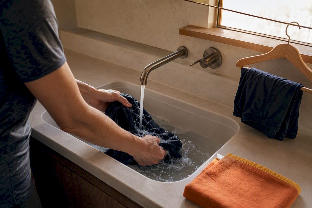 Traveler washing workout clothes in sink