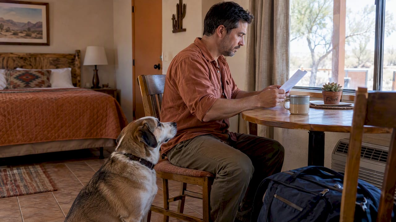 Traveler checks a dog's vaccination record