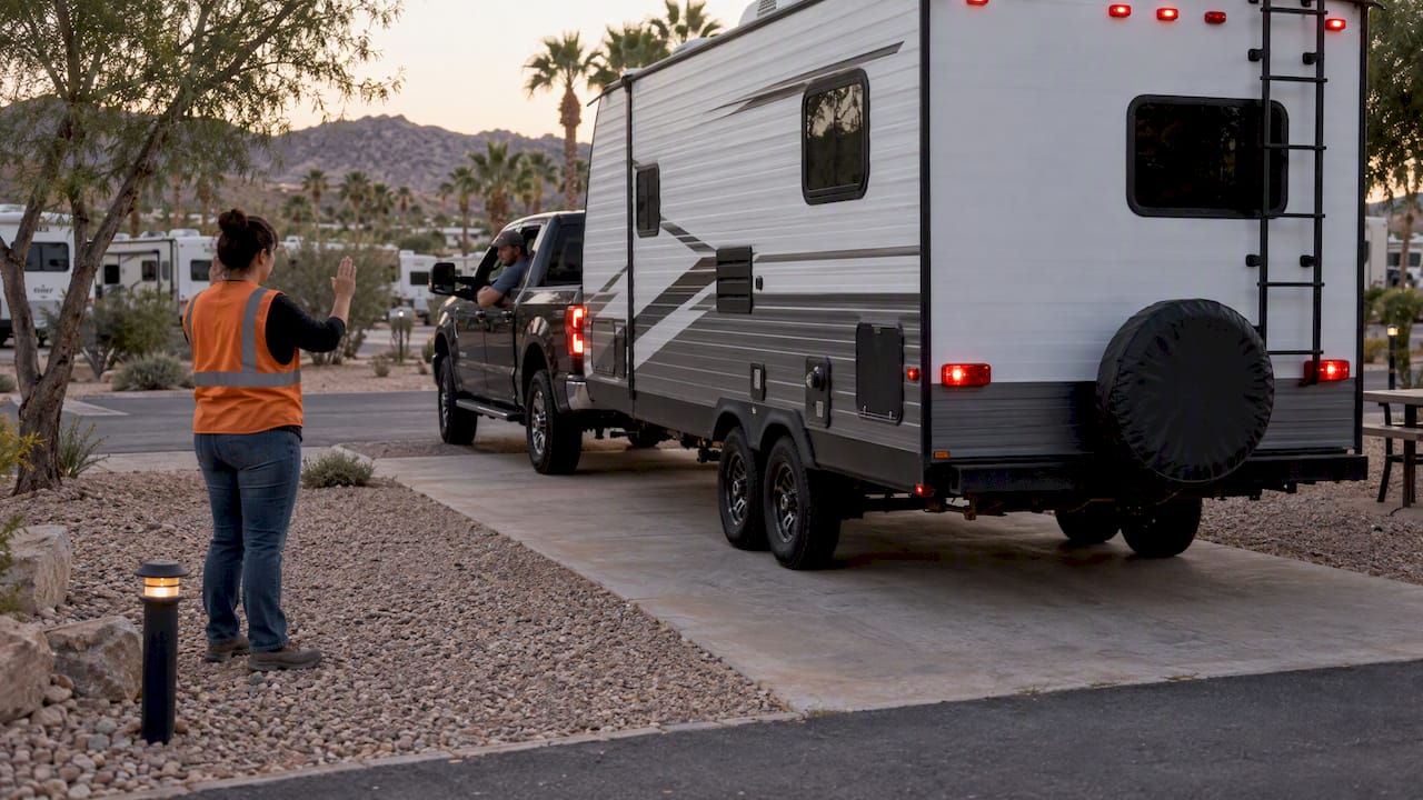 RV driver backing with spotter