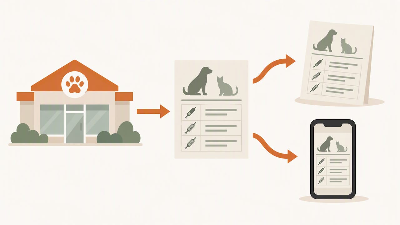 Paper and digital copies of a pet vaccine record