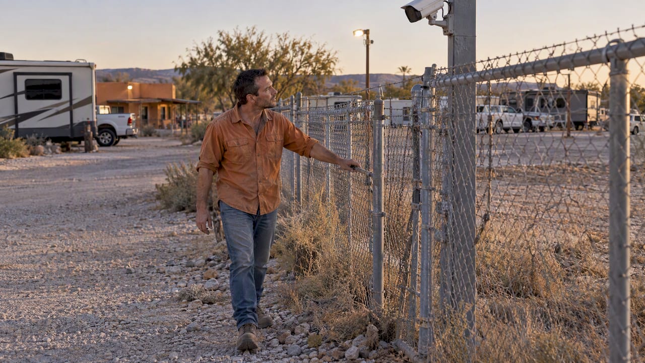 Driver inspecting RV park perimeter fence