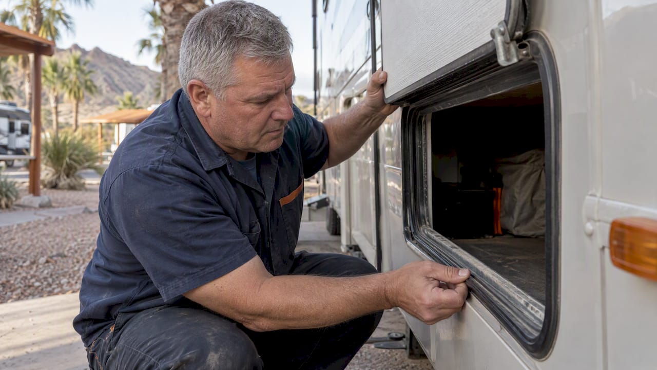 Worker checking weatherstripping on an RV