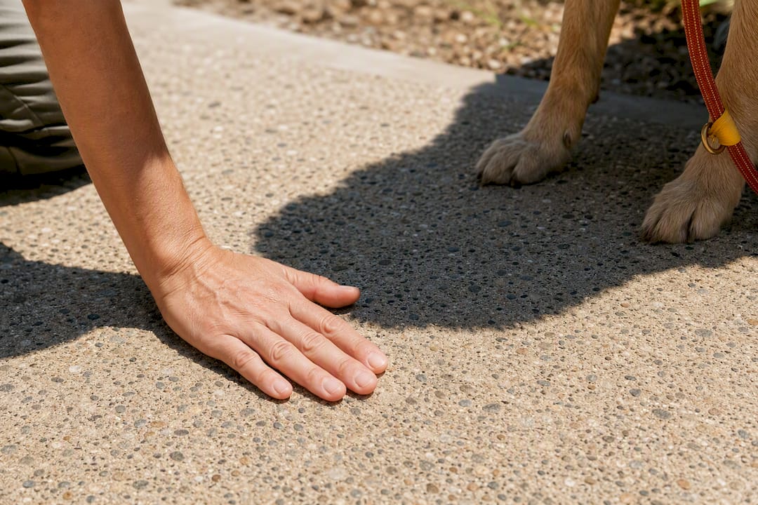 Hand checking hot pavement near dog park