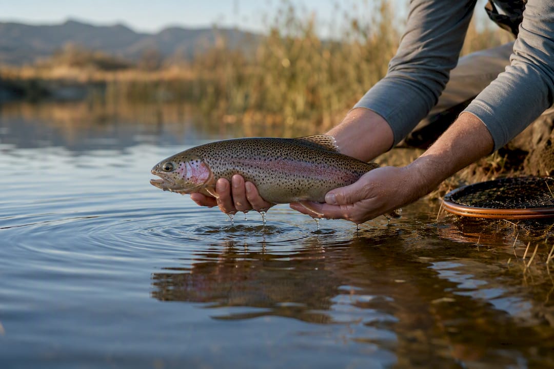 Angler holding fish horizontally for release