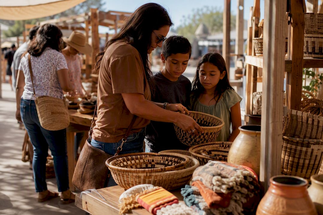 Families browsing handmade market goods
