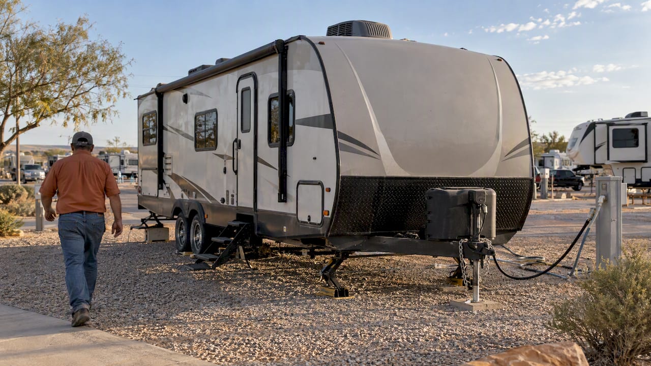 RV connected to an electrical pedestal at park