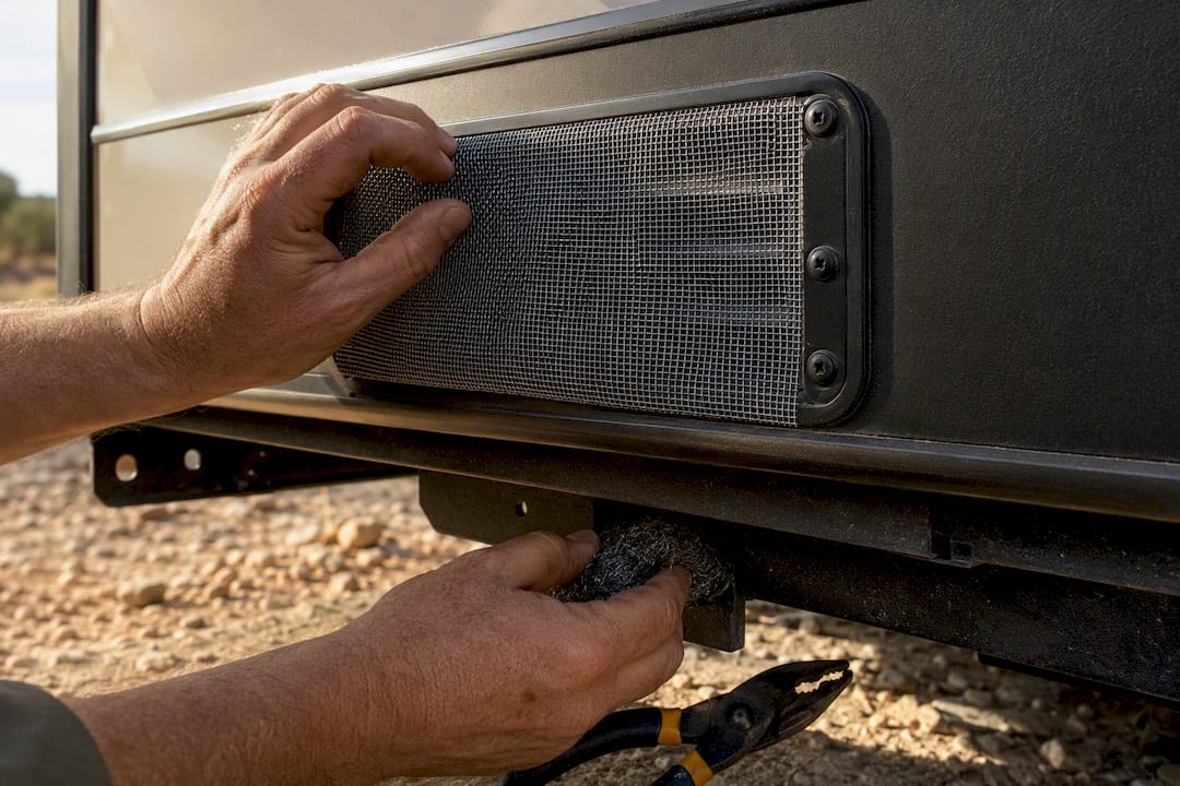 Hands sealing RV vent and undercarriage gaps