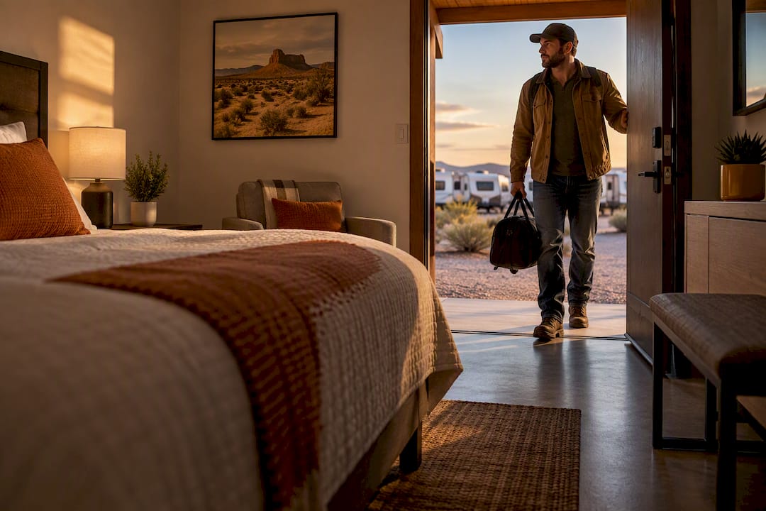 Worker entering furnished lodge room near RV sites