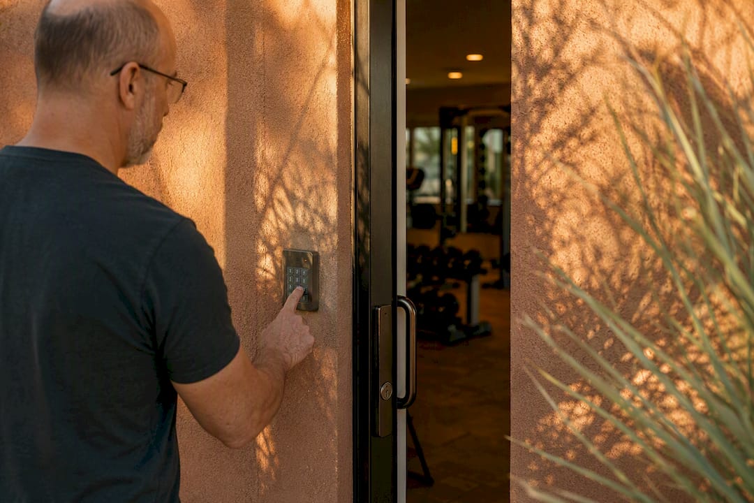 Gym door keypad access panel with finger pressing